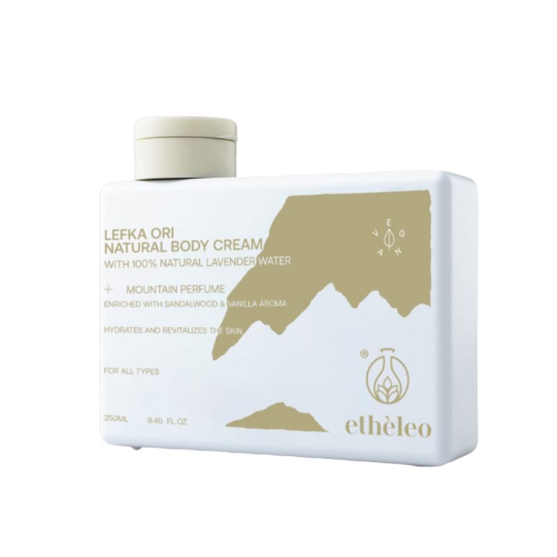 Etheleo Lefka Ori Natural Body Cream με αλόη, λεβάντα και άρωμα βανίλιας.