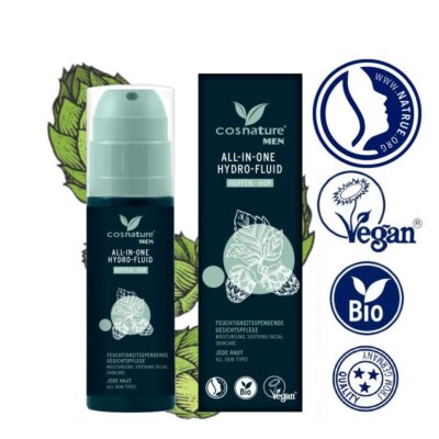 Cosnature MEN All-in-One Hydro-Fluid φυσικός ανδρικός ορός ενυδάτωσης για πρόσωπο και λαιμό με φυτικά εκχυλίσματα.