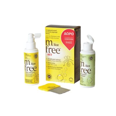 M-FREE Lice Promo Box Set ολοκληρωμένη αντιφθειρική αγωγή 3 βημάτων με σπρέι αντιμετώπισης ειδική μεταλλική χτένα και εξειδικευμένο σαμπουάν.