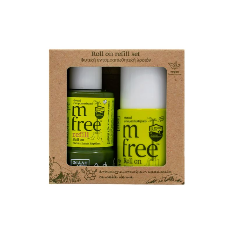 M-FREE Roll On Refill Set φυτικό εντομοαπωθητικό με πρακτική εφαρμογή και αιθέρια έλαια λεμονοευκαλύπτου σιτρονέλας μέντας και γαρίφαλου.