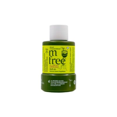 M-FREE Roll On Refill ανταλλακτικό φυτικό εντομοαπωθητικό υγρό με αιθέρια έλαια λεμονοευκαλύπτου σιτρονέλας μέντας και γαρίφαλου.
