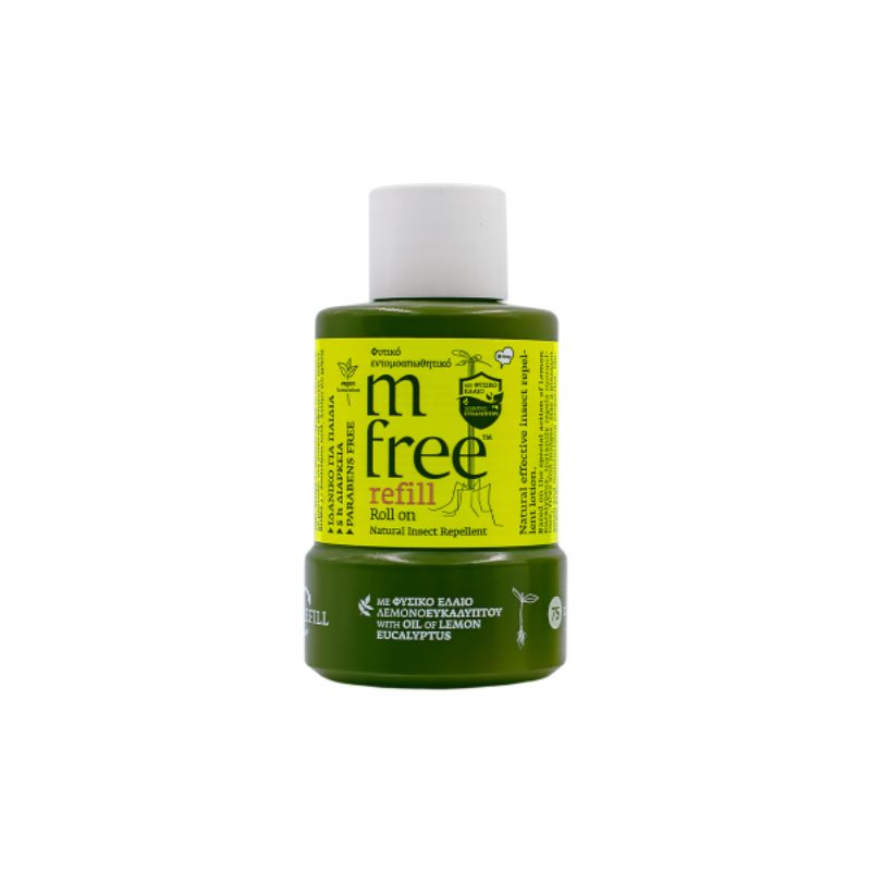 M-FREE Roll On Refill ανταλλακτικό φυτικό εντομοαπωθητικό υγρό με αιθέρια έλαια λεμονοευκαλύπτου σιτρονέλας μέντας και γαρίφαλου.