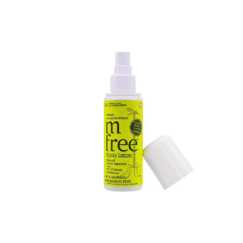 M-FREE Εντομοαπωθητική Spray Lotion φυτικό εντομοαπωθητικό σπρέι με αιθέρια έλαια λεμονοευκαλύπτου σιτρονέλας μέντας και γαρίφαλου.