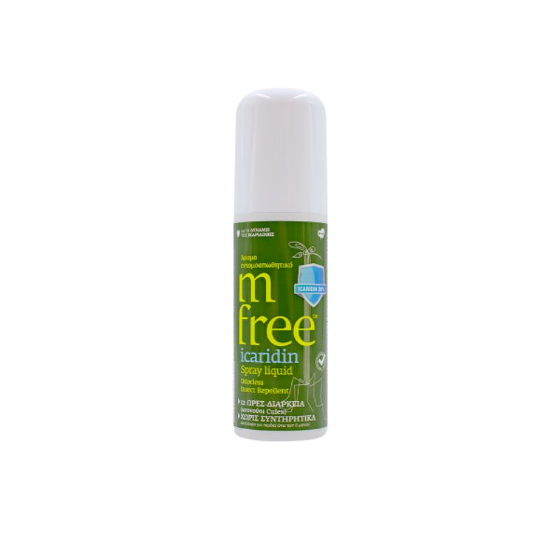 M-FREE Εντομοαπωθητικό Spray Lotion Icaridin άοσμο και διάφανο σπρέι προστασίας από κουνούπια και σκνίπες για ευαίσθητες επιδερμίδες.
