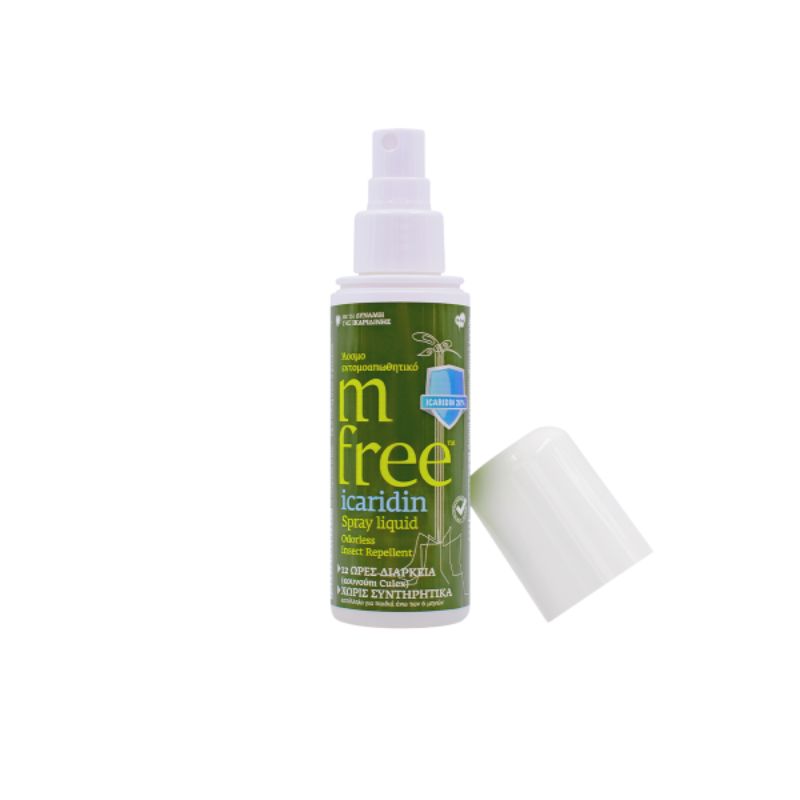 M-FREE Εντομοαπωθητικό Spray Lotion Icaridin άοσμο και διάφανο σπρέι προστασίας από κουνούπια και σκνίπες για ευαίσθητες επιδερμίδες.