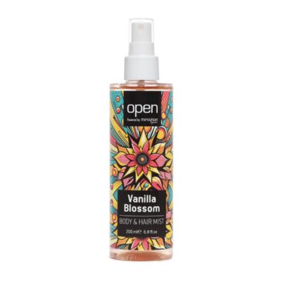 Open Cosmetics H&B Mist Vanilla Blossom αρωματικό σπρέι σώματος και μαλλιών με βανίλια παιώνια καραμέλα και βιολογική αλόη.