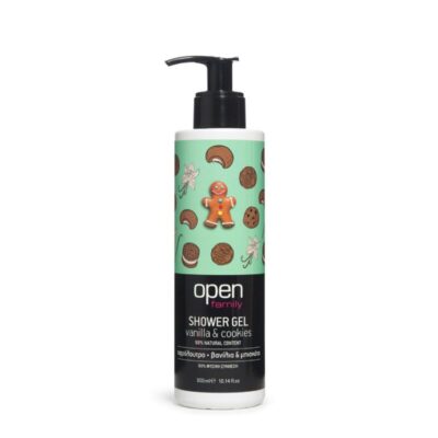 Open Cosmetics Αφρόλουτρο Vanilla Cookies για όλη την οικογένεια με απαλή σύνθεση βούτυρο καριτέ εκχύλισμα βαμβακιού και αλόη.