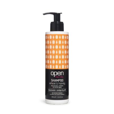 Open Cosmetics Σαμπουάν Σιτάρι & Μέλι για όλους τους τύπους μαλλιών με απαλή σύνθεση αλόη πανθενόλη και έλαιο αργκάν.