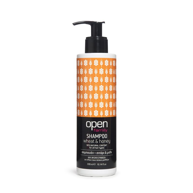 Open Cosmetics Σαμπουάν Σιτάρι & Μέλι για όλους τους τύπους μαλλιών με απαλή σύνθεση αλόη πανθενόλη και έλαιο αργκάν.