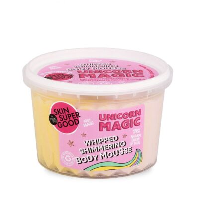 Organic Shop Body Mousse Unicorn Magic αφρώδης κρέμα σώματος Skin Super Good με βανίλια ροδόνερο και λάμψη.