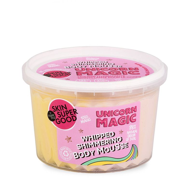 Organic Shop Body Mousse Unicorn Magic αφρώδης κρέμα σώματος Skin Super Good με βανίλια ροδόνερο και λάμψη.