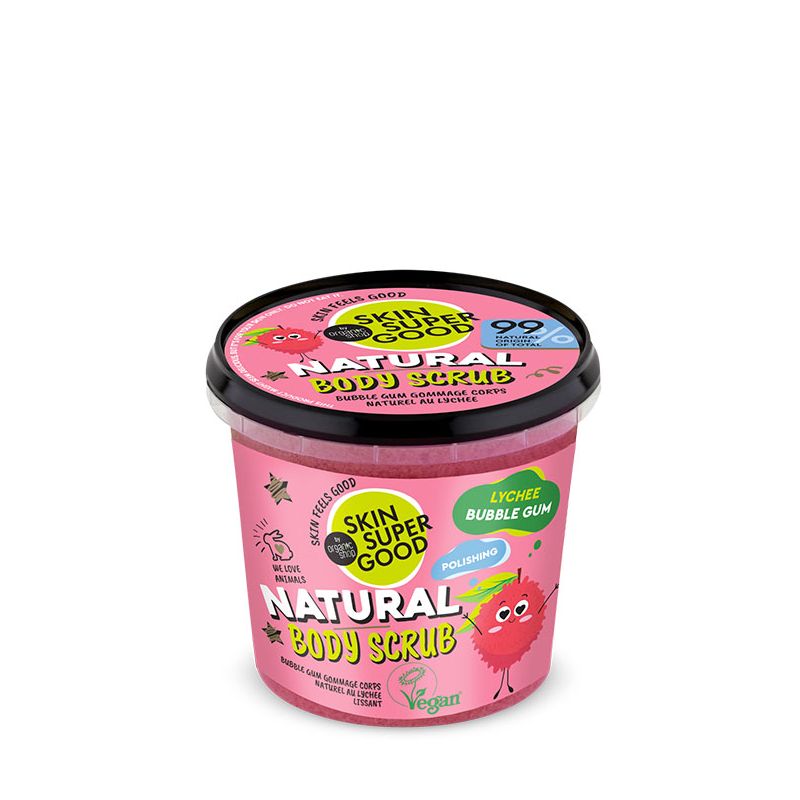 Organic Shop Body Scrub Bybble Gym απολεπιστικό σώματος Skin Super Good με οργανικό εκχύλισμα λίτσι ζάχαρη βανίλιας και μέντα.