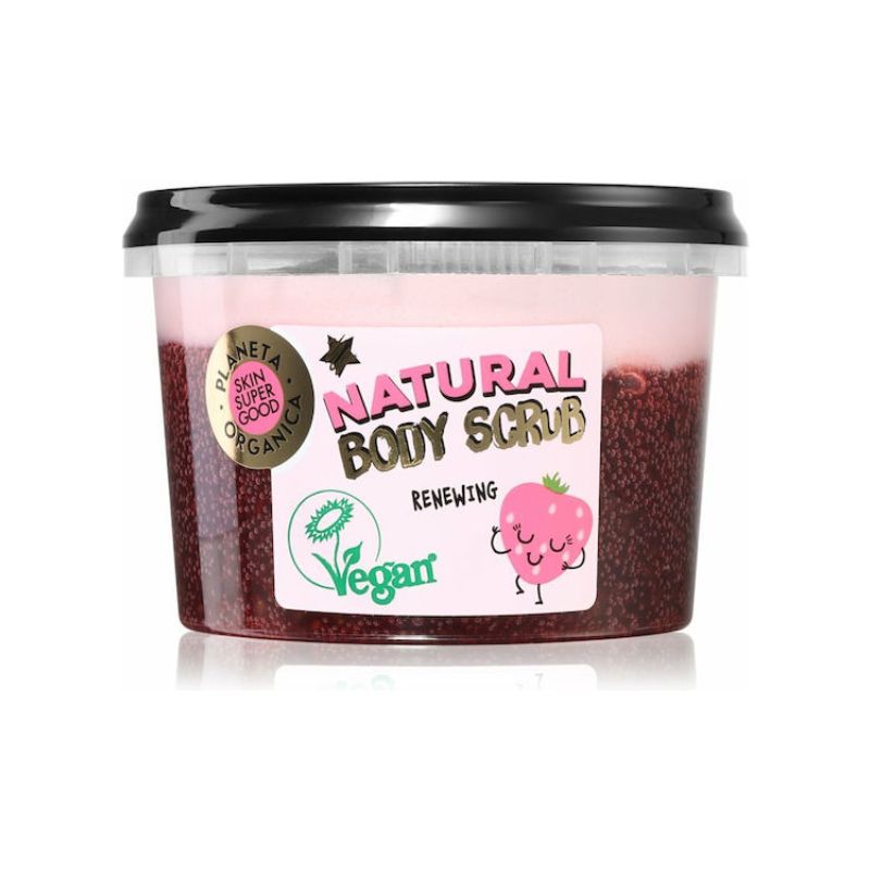 Organic Shop Body Scrub Strawberry & Chia Seeds απολεπιστικό σώματος Skin Super Good με οργανική φράουλα σπόρους τσία και έλαιο αμυγδάλου.
