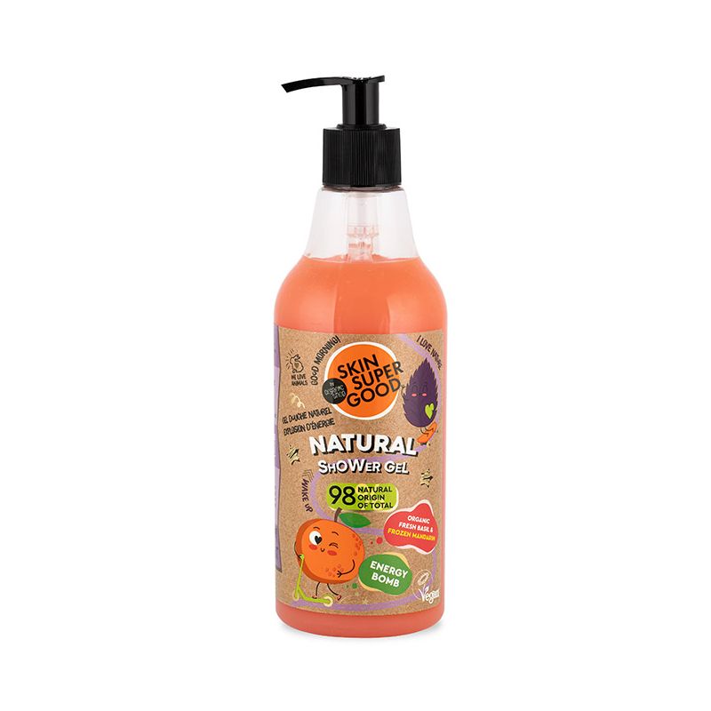 Organic Shop Shower Gel Mandarin αφρόλουτρο Skin Super Good με παγωμένο μανταρίνι φρέσκο βασιλικό και εκχύλισμα γκρέιπφρουτ.