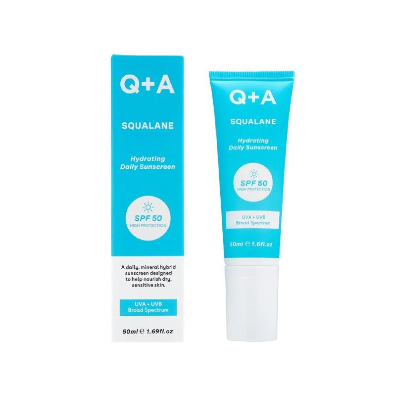Q+A Squalane Hydrating Daily Sunscreen SPF50 50ml καθημερινό ενυδατικό αντηλιακό προσώπου με σκουαλάνιο.