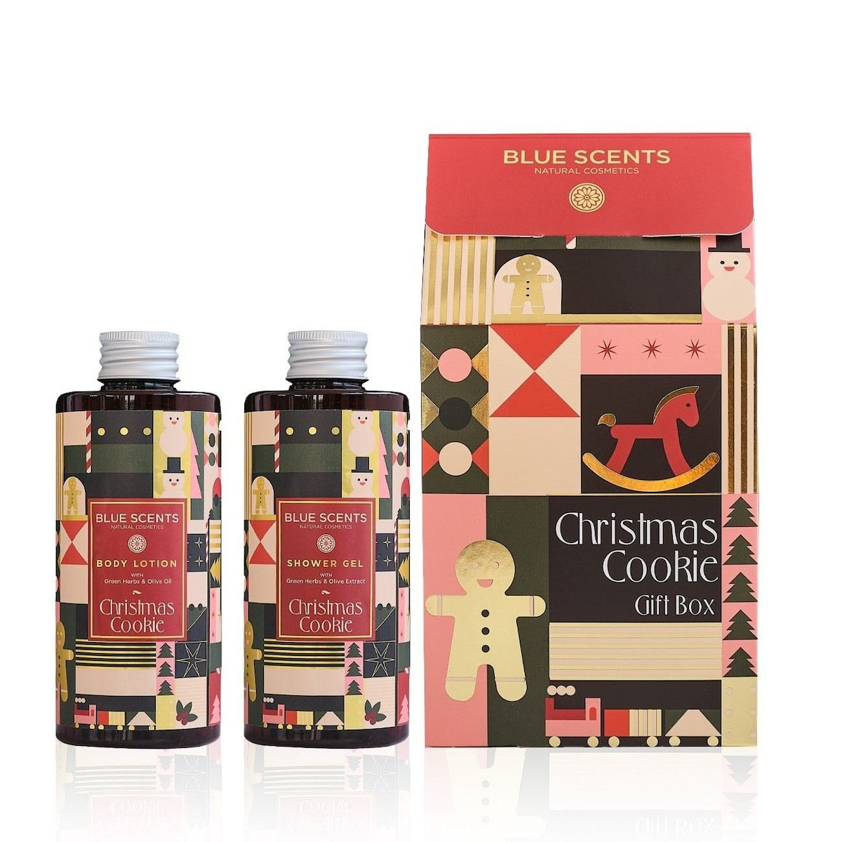 Blue Scents σετ δώρου Christmas Cookie με εορταστικά προϊόντα περιποίησης σώματος που αναδίδουν το γλυκό και ζεστό άρωμα των χριστουγεννιάτικων μπισκότων.