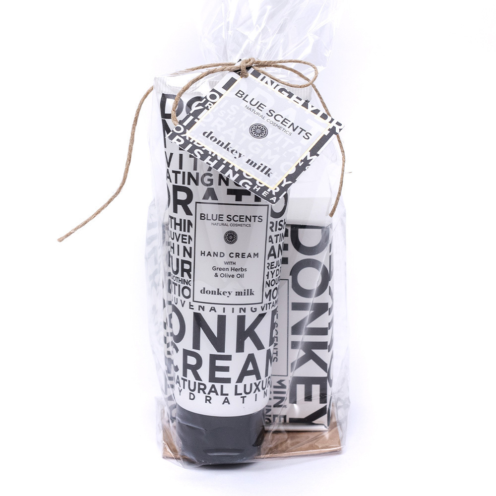 Blue Scents mini σετ περιποίησης σώματος Donkey Milk με προϊόντα βασισμένα στο γάλα γαϊδάρας για εντατική ενυδάτωση, θρέψη και απαλότητα της επιδερμίδας.