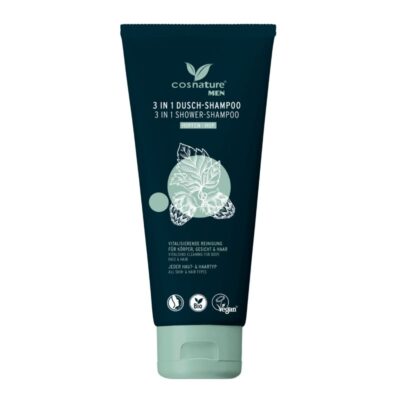 Cosnature MEN 3in1 Shower-Shampoo με βιολογικό λυκίσκο για πρόσωπο, σώμα και μαλλιά, φυσικό προϊόν περιποίησης.