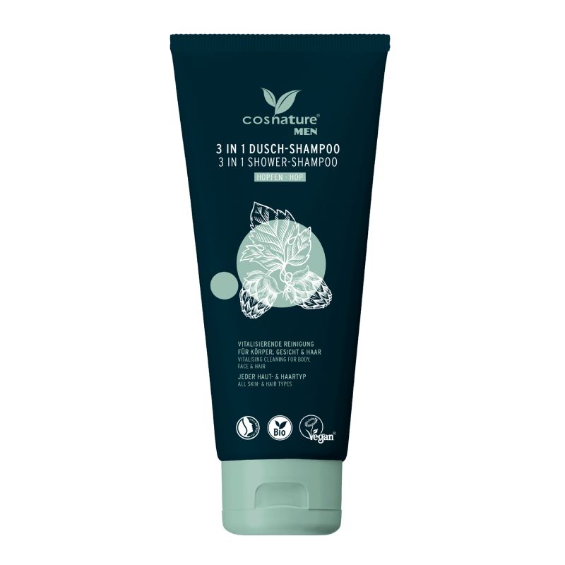 Cosnature MEN 3in1 Shower-Shampoo με βιολογικό λυκίσκο για πρόσωπο, σώμα και μαλλιά, φυσικό προϊόν περιποίησης.