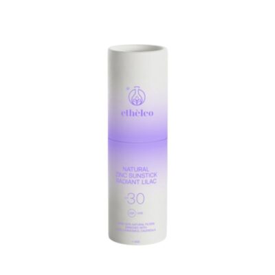 Φυσικό αντηλιακό stick προσώπου Etheleo Natural Zinc Sunstick Radiant Lilac SPF30 με ψευδάργυρο και μωβ απόχρωση για προστασία και στυλ.