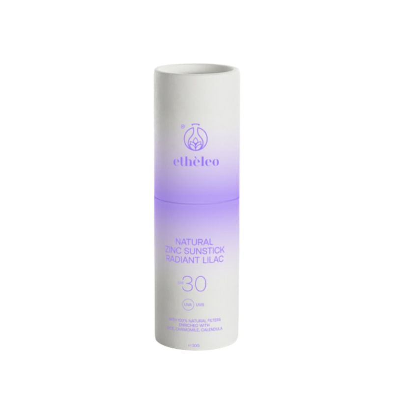 Φυσικό αντηλιακό stick προσώπου Etheleo Natural Zinc Sunstick Radiant Lilac SPF30 με ψευδάργυρο και μωβ απόχρωση για προστασία και στυλ.