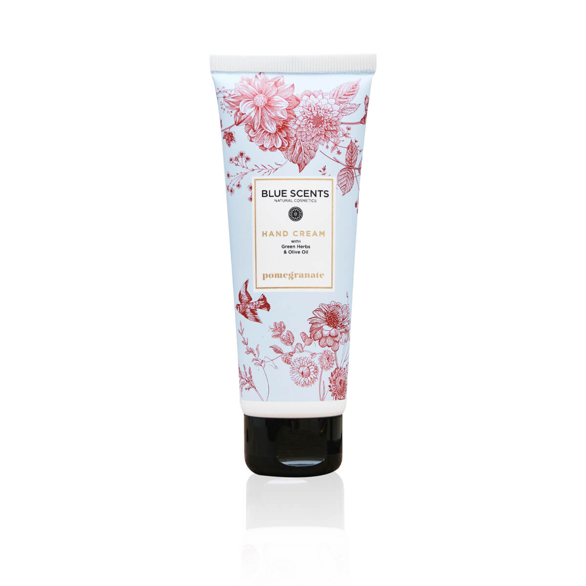 Blue Scents Κρέμα Χεριών Pomegranate 75ml, μια ενυδατική κρέμα εμπλουτισμένη με εκχύλισμα ροδιού, που παρέχει αντιοξειδωτική προστασία, αφήνοντας τα χέρια ενυδατωμένα, απαλά και με ένα διακριτικό, φρουτώδες άρωμα.
