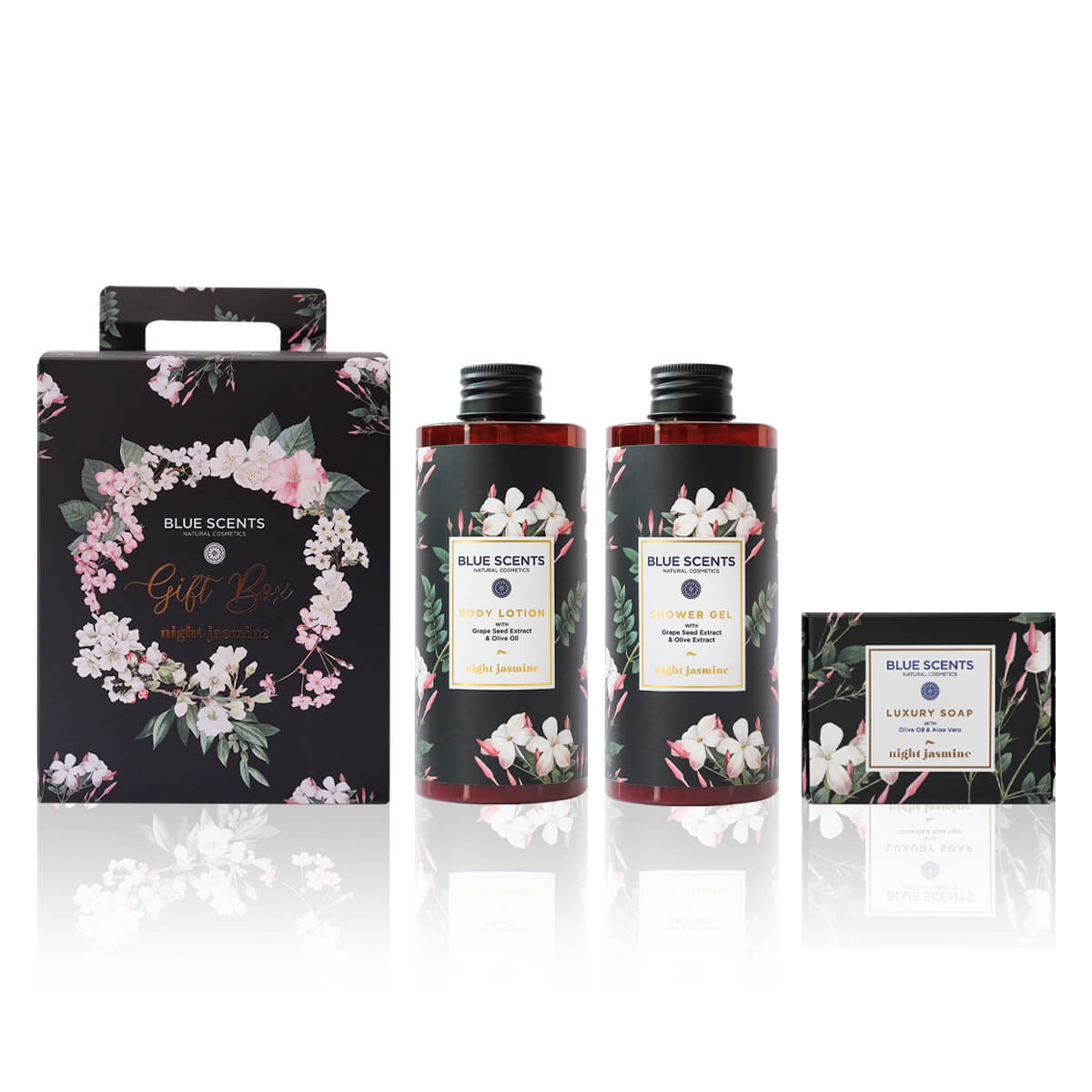 Blue Scents σετ δώρου Night Jasmine με επιλεγμένα προϊόντα περιποίησης σώματος που αναδεικνύουν το μεθυστικό και κομψό άρωμα του νυχτολούλουδου.