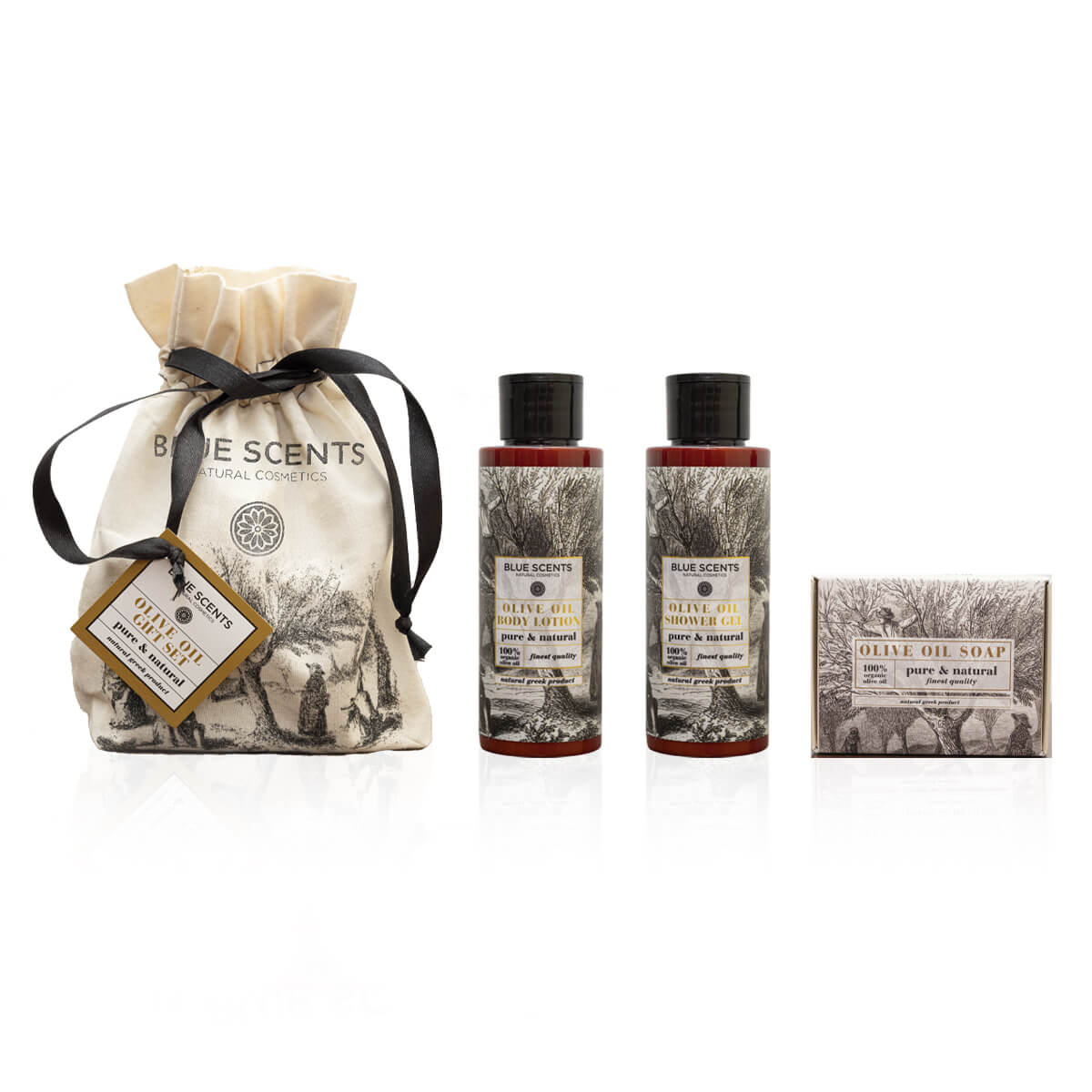 Blue Scents σετ δώρου Olive Oil με προϊόντα περιποίησης σώματος που βασίζονται στις ευεργετικές ιδιότητες του ελληνικού ελαιόλαδου, προσφέροντας πλούσια ενυδάτωση, φυσική αντιοξειδωτική προστασία και καθημερινή φροντίδα για υγιή και απαλή επιδερμίδα.