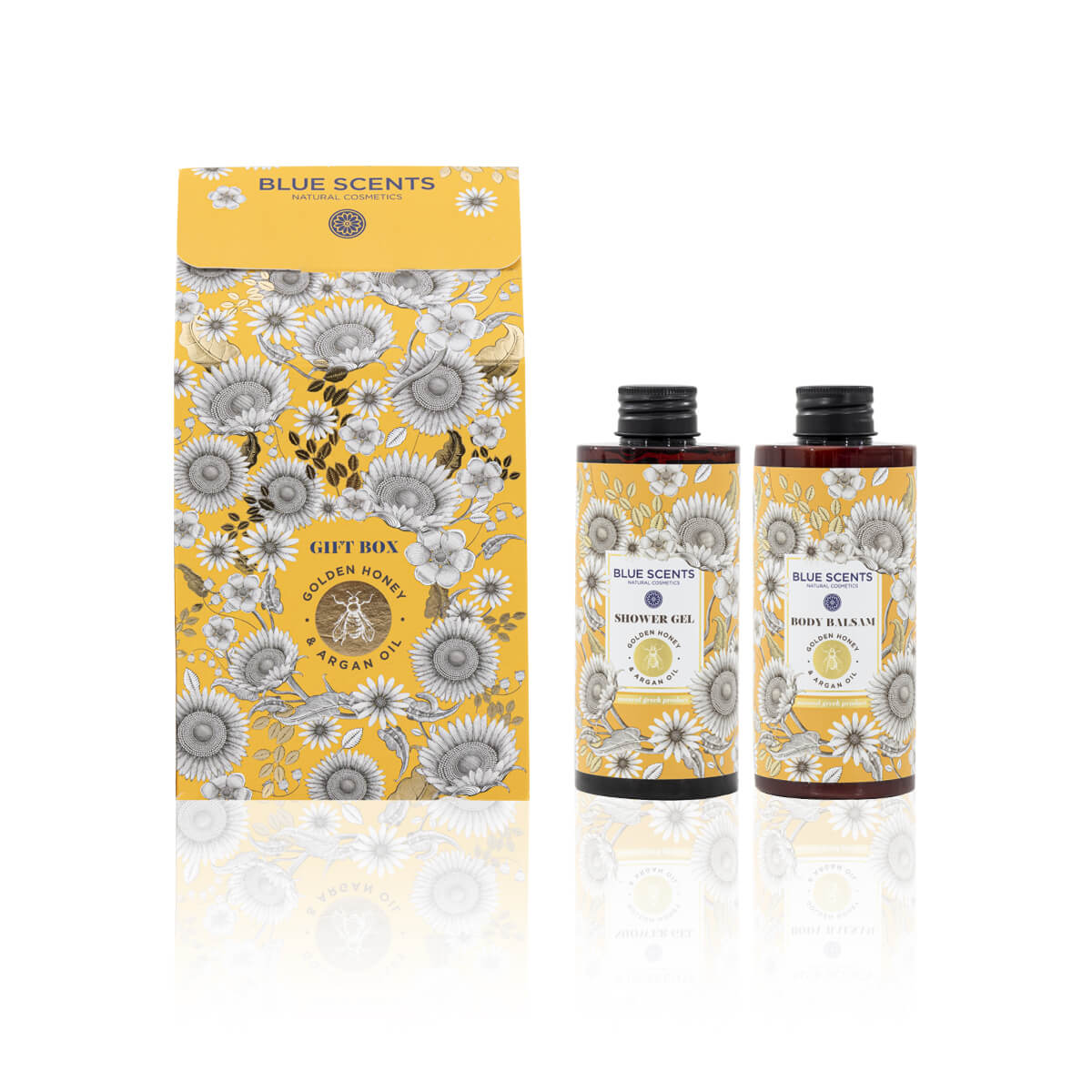 Blue Scents σετ δώρου Golden Honey & Argan Oil με προϊόντα περιποίησης σώματος που συνδυάζουν τις θρεπτικές ιδιότητες του μελιού και του ελαίου Argan, προσφέροντας εντατική ενυδάτωση, λάμψη και βαθιά περιποίηση στην επιδερμίδα.