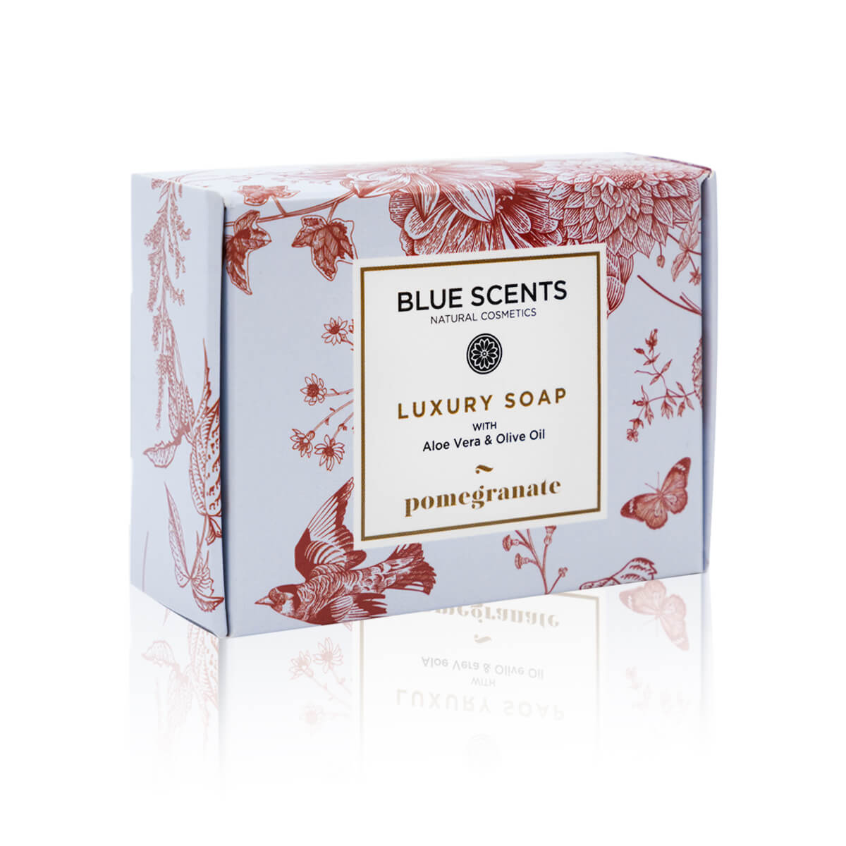 Blue Scents σαπούνι Pomegranate 135gr, ένα χειροποίητο σαπούνι φυτικής προέλευσης με πλούσια αντιοξειδωτικά στοιχεία ροδιού, που καθαρίζει αποτελεσματικά ενώ παράλληλα τονώνει και αναζωογονεί την επιδερμίδα, προσφέροντας μια αίσθηση φρεσκάδας και ευεξίας.