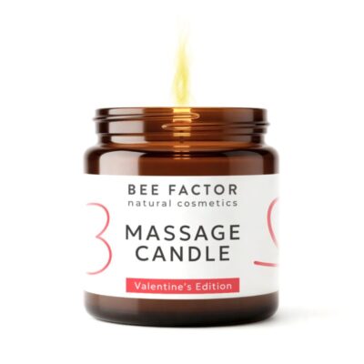 Φυσικό αρωματικό κερί μασάζ Bee Factor Valentine's Edition με φυτικά έλαια και βούτυρα για χαλάρωση και ενυδάτωση.