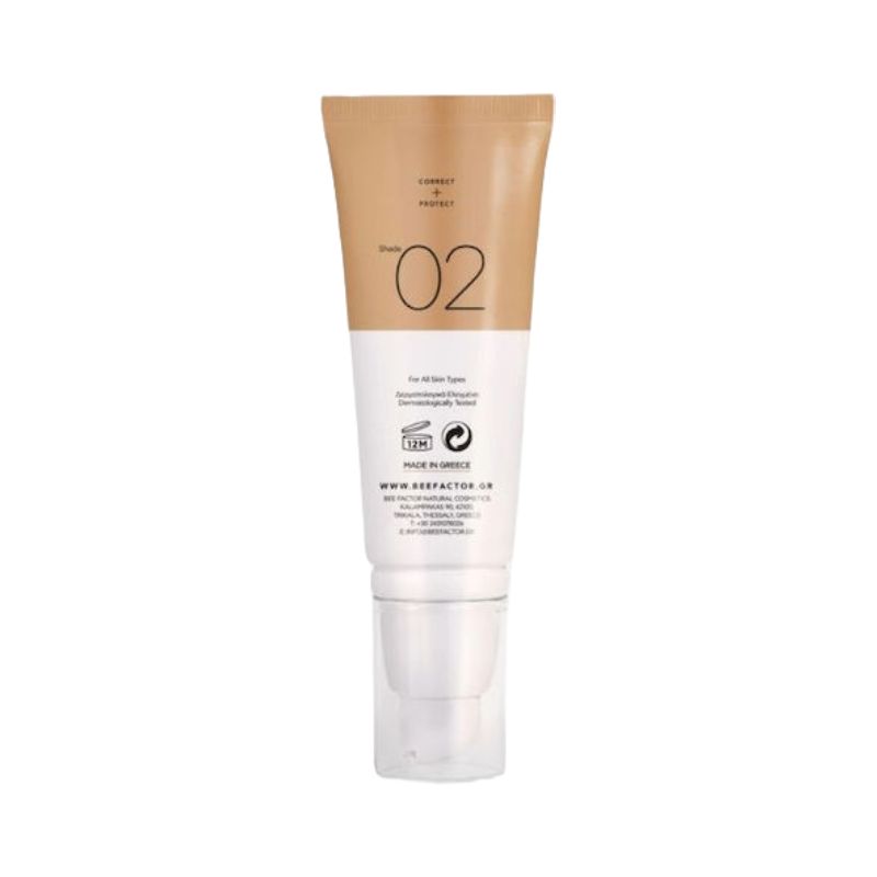 Φυσική αντηλιακή κρέμα προσώπου Bee Factor SPF50 με χρώμα (Απόχρωση 02) για υψηλή προστασία, κάλυψη και ενυδάτωση, 60ml.