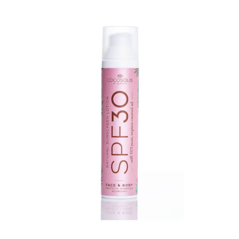 Φυσικό αντηλιακό γαλάκτωμα Cocosolis Natural Sunscreen Lotion SPF30 για προστασία προσώπου και σώματος με οργανικά έλαια.