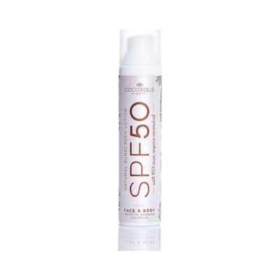 Φυσικό αντηλιακό γαλάκτωμα Cocosolis Natural Sunscreen Lotion SPF50 για υψηλή προστασία προσώπου και σώματος με οργανικά έλαια.