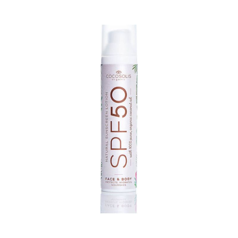 Φυσικό αντηλιακό γαλάκτωμα Cocosolis Natural Sunscreen Lotion SPF50 για υψηλή προστασία προσώπου και σώματος με οργανικά έλαια.