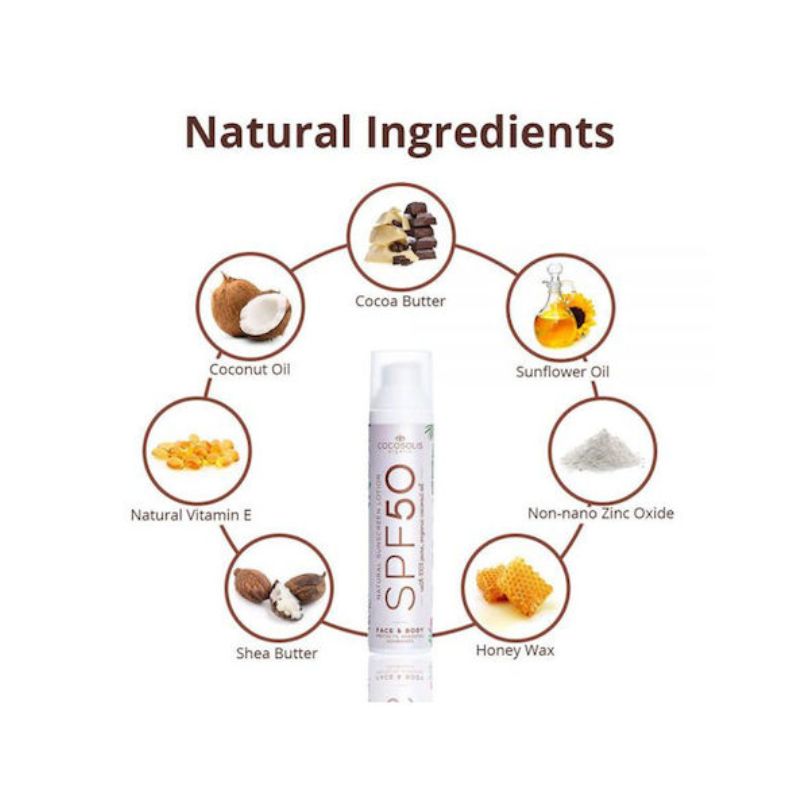 Φυσικό αντηλιακό γαλάκτωμα Cocosolis Natural Sunscreen Lotion SPF50 για υψηλή προστασία προσώπου και σώματος με οργανικά έλαια.