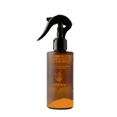 Etheleo Keros Natural Oil Sunmist SPF30 100ml, ένα φυσικό αντηλιακό έλαιο σε μορφή spray που συνδυάζει την αποτελεσματική προστασία από τις ακτίνες UVA/UVB με τη βαθιά ενυδάτωση και τη φροντίδα της επιδερμίδας, προσφέροντας παράλληλα ομοιόμορφο μαύρισμα και μια μεταξένια αίσθηση με υπέροχο, φυσικό άρωμα.