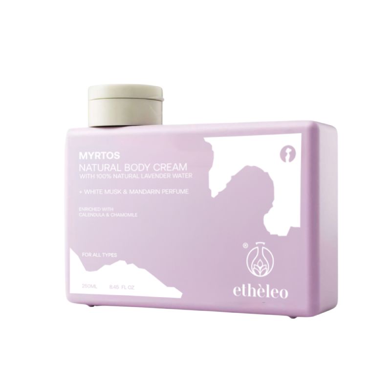 Etheleo Myrtos Natural Body Cream 250ml, μια φυσική κρέμα σώματος εμπνευσμένη από την ομορφιά και την ηρεμία της ελληνικής φύσης, η οποία προσφέρει εντατική ενυδάτωση και θρέψη, αφήνοντας την επιδερμίδα απαλή, αναζωογονημένη και διακριτικά αρωματισμένη με μια αίσθηση φρεσκάδας.