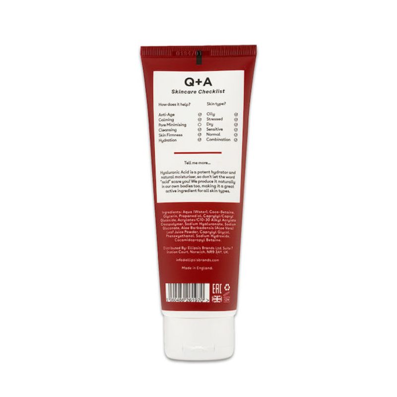 Ενυδατικό καθαριστικό προσώπου Q+A Hyaluronic Acid Hydrating Cleanser με υαλουρονικό οξύ για απαλό καθαρισμό χωρίς ξηρότητα, 125ml.